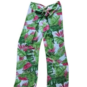 Victoria's Secret Palm Tree Beach Cover-Up Pants Tie-Front Chiffon Green Pink S
